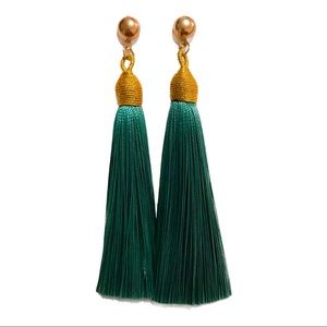 Long Teal Color & Gold Tassel Earrings